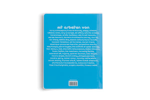 A top-down shot of the back of a book with a vibrant blue cover, resting on a white surface. The cover features a long list of contributors' names written in a white, stylized block font, under the German heading 'mit arbeiten von'. A barcode and ISBN are located at the bottom.