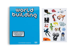 A vibrant blue book titled WORLD BUILDING in a white, 8-bit style font, positioned next to a sheet of colorful stickers. The book's German subtitle translates to video games and art in the digital age. The sticker sheet features a collage of diverse digital art images, including a satellite, futuristic creatures, anime-style characters, and abstract shapes, all on a white background.