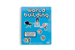 The book World Building, shown upright against a white background. Its vibrant blue cover has the title in a white, pixelated, 8-bit style font. The cover is decorated with various sticker-like images: a CGI woman with blue hair, a cartoon animal tripping, a skeletal winged insect, and a harpy. Below the title is German text reading Videospiele und Kunst im digitalen Zeitalter. The logos for the Julia Stoschek Foundation and Hatje Cantz are at the bottom.