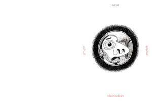 A black and white ink drawing of a stylized, anxious man's face with a large nose and one wide eye, seen through a dark, circular frame resembling a peephole. The image is surrounded by text labeling it as peephole in English, Arabic (ثقب الباب), and German ((das) Guckloch), with 01/01 at the top.
