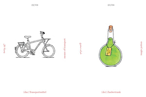 A page from an illustrated dictionary with two entries side-by-side. On the left, dated 22/04, is a black and white line drawing of a bicycle. It is labeled as means of transport in English, (das) Transportmittel in German, and with Arabic text. On the right, dated 23/04, is a colored drawing of a round green bottle with a cork, labeled Absinthe 76%. This is labeled as magic potion in English, (der) Zaubertrank in German, and with Arabic text.