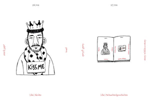 A two-panel black and white line drawing with text in English, German, and Arabic. The left panel, dated 26/04 and labeled toad, shows a man wearing a crown and a sign that reads KISS ME. The right panel, dated 27/04 and labeled story within a story, shows an open book depicting the man from the first panel on one page and a drawing of another book on the opposite page, creating a nested narrative effect.