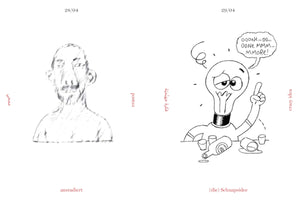 A two-panel comic diary entry. The left panel, dated 28/04, shows a pencil portrait of a man and is labeled with the word erased in English, German, and Arabic. The right panel, dated 29/04, shows a cartoon of a drunk lightbulb character slurring OOONE... MMORE! while having a crazy idea, a concept labeled in English, German as (die) Schnapsidee, and Arabic.