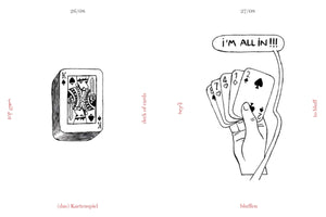A two-panel, black-and-white language learning illustration. The left panel shows a deck of cards labeled deck of cards in English, (das) Kartenspiel in German, and in Arabic. The right panel shows a hand holding a weak poker hand with a speech bubble saying I'M ALL IN!!!, illustrating the concept of bluffing, labeled with to bluff in English, bluffen in German, and in Arabic.