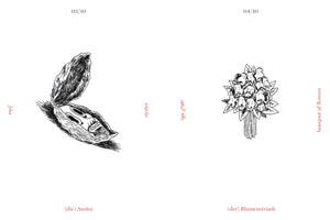 A two-panel, black and white illustration acting as a multilingual vocabulary lesson. On the left, labeled 03/10, a drawing of an open oyster shell reveals a cartoonish human face inside. On the right, labeled 04/10, a bouquet is composed of similar human faces instead of flowers. Both images are labeled in English, German, and Arabic as oyster and bouquet of flowers.