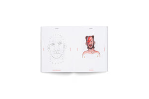 An open book on a white background displays a two-page spread. The left page shows a connect-the-dots puzzle of a face. The right page shows a colored drawing of David Bowie as Ziggy Stardust, with his iconic red and blue lightning bolt makeup. The left page is labeled with the word puzzle in English, German, and Arabic, and the right page is labeled with the word famous in the same languages.
