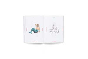 An open book against a white background, showing a two-page spread with illustrations. The left page has a cartoon of a reclining merman with a blue tail, labeled with the word mermaid in English, German, and Arabic. The right page features a line drawing of a hand ordering one last drink at a table of empty glasses, illustrating the word nightcap in the same three languages.