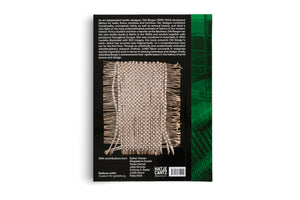 The back cover of a book about textile designer Otti Berger, set against a white background. The cover is primarily black with white text and features a large, detailed photograph of a beige, woven textile sample with a basket weave pattern and frayed edges. The bright green, textured spine of the book is visible along the right edge. At the bottom are the logos for bauhaus-archiv and Hatje Cantz, a list of contributors, and a barcode.