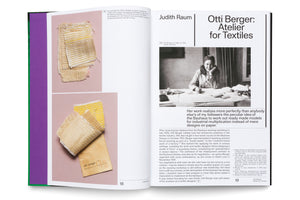 A two-page spread from a book about textile designer Otti Berger. The left page shows two color photos of her woven fabric samples in off-white and yellow, with one attached to a tag reading otti berger bauhaus dessau. The right page features a black-and-white portrait of Berger at a desk, below the large title, Otti Berger: Atelier for Textiles. Both pages include biographical text.