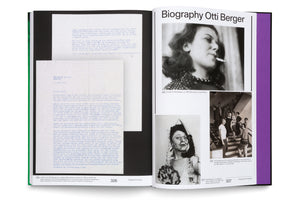 An open book displays a two-page spread about Otti Berger. The left page shows a typed letter in German. The right page, titled Biography Otti Berger, contains three black-and-white photographs of her: a portrait of her smoking, another of her in costume with a veil and fan, and a group photo on a staircase.