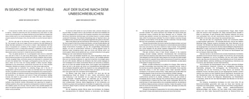 A two-page spread from a publication by Jamie McGregor Smith, featuring an essay in both English and German. The text is laid out in four columns. The English title on the left page reads IN SEARCH OF THE INEFFABLE, and the German title on the right reads AUF DER SUCHE NACH DEM UNBESCHREIBLICHEN.