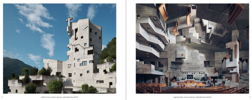 A diptych of a church in the Brutalist architectural style. On the left, the jagged, geometric concrete exterior of the church rises against a blue sky and a green mountain. On the right, the cavernous interior features complex, angular concrete walls and ceilings over wooden pews, an altar, and a pipe organ.