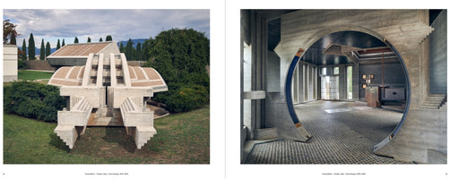 A two-page book spread showing two photographs of Carlo Scarpa's Brion Tomb. On the left is an exterior view of a complex, stepped concrete structure on a green lawn with trees. On the right is an interior view of the building, featuring raw concrete walls and a large, circular entryway framed in blue that looks into an adjacent room.