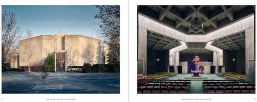 A two-page photo spread of a Brutalist church. On the left, the exterior is a windowless, angular building of ribbed concrete with a large wooden door, set in a parking lot with bare trees. On the right, the cavernous interior features a high, coffered concrete ceiling, massive geometric beams, and rows of pews on a green carpet, facing a simple altar.