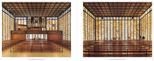 A two-page photo spread of a modern church interior. The large, rectangular hall features an exposed steel truss ceiling and walls made of thin, translucent panels of golden marble, which fill the space with a warm, diffused light. The left image shows rows of simple wooden pews facing a large pipe organ on a balcony. The right image shows the pews from a side angle, facing a minimalist altar with a cross on the wall.