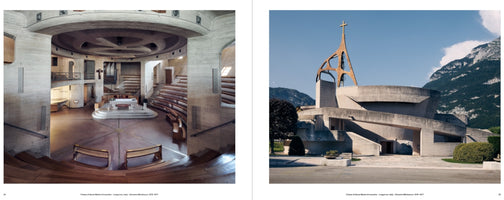 A two-page book spread showing two photographs of a modern, brutalist church in a mountainous region. The left image displays the circular interior, featuring concrete walls, tiered wooden pews arranged in a semi-circle, and a complex, layered ceiling. The right image shows the angular concrete exterior of the church, with a unique, abstract, openwork spire topped with a cross, set against a backdrop of mountains under a blue sky.