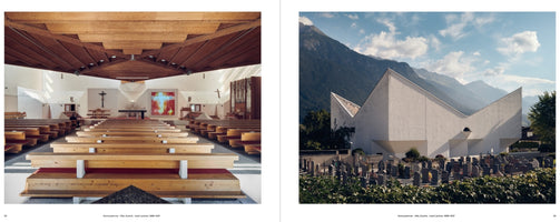 A two-page book spread featuring a modern church. On the left is the interior view down the central aisle, showing light wood pews and a complex, geometric wooden ceiling. On the right is the exterior, a stark white building with an angular, peaked roofline set against a backdrop of tall mountains, with a cemetery in the foreground.