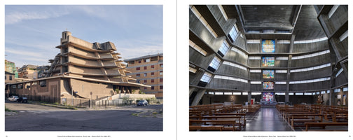 A two-panel photo spread of the Chiesa di Santa Maria della Visitazione in Rome. On the left, the church's exterior features a unique Brutalist design with stacked, angular layers of concrete. On the right, the vast interior shows raw concrete walls and a complex geometric ceiling, with rows of wooden pews illuminated by light from stained-glass and clerestory windows.