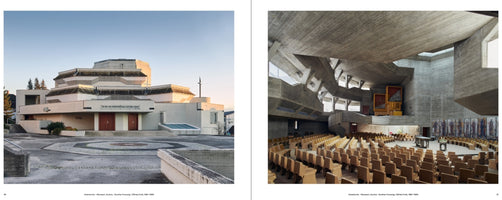 A two-panel image showing the exterior and interior of a modern, brutalist-style church. The left photo displays the building's angular, multi-tiered, light-colored facade from a paved courtyard. The right photo reveals the vast interior, a dramatic space of raw concrete with a complex, geometric ceiling and walls, and rows of seats arranged in a semi-circle around a central altar.