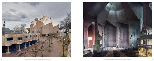 A two-page spread from a book featuring two photographs of a Brutalist church. The left photo shows the exterior with its jagged, mountain-like concrete roof above a courtyard. The right photo reveals the cavernous interior, characterized by soaring, angular concrete walls and ceilings that create a dramatic, monumental space with rows of chairs below.