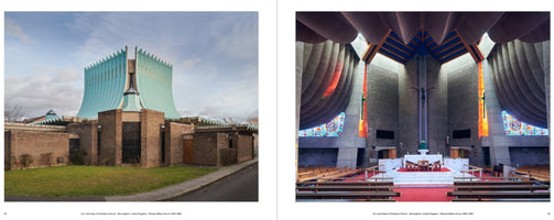 A two-panel image from a book showing the exterior and interior of Our Lady Help of Christians Church. On the left, the modern building's exterior features a large, turquoise, pleated roof with a jagged edge above a brick base. On the right, the interior shows a dramatic, high-vaulted concrete ceiling, grey block walls, stained glass windows, and wooden pews facing a central marble altar.