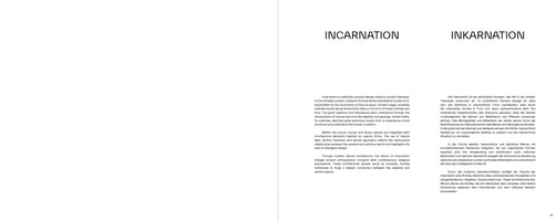 A minimalist two-page book spread on a white background. The left page is blank. The right page displays two parallel columns of black text. The left column is in English under the title INCARNATION, and the right column is a German translation under the title INKARNATION. Both texts explain the theological concept of incarnation.