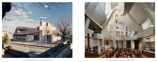 A diptych of a modern church. The left image shows the concrete exterior with a flowing, dark roof and a large, separate cross-shaped structure by a road. The right image shows the cavernous interior, featuring a complex, sculptural ceiling of sweeping concrete forms above wooden pews and a simple altar.