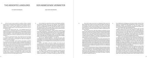 A two-page spread from a book showing an essay by Jonathan Meades. The left page is in English, titled The Absentee Landlord. The right page is the same essay translated into German, titled Der Abwesende Vermieter. Both pages feature two columns of black text on a plain white background.