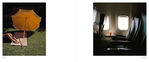 A diptych of two photographs. The photo on the left shows a person's legs sunbathing on a towel on a green lawn, shaded by a large, bright yellow umbrella. The photo on the right shows two empty seats inside a dimly lit airplane cabin, with a glass of orange juice on a tray table next to a bright window.