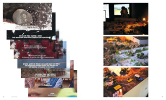 A two-page spread from a book. The left page features a vertical collage of video stills with Korean and English subtitles, showing scenes like a large rock with the number 8, a kimchi festival, and a road. The right page shows three photos of an art installation: a person looking at a miniature landscape diorama, a close-up of the diorama, and a hand interacting with a control panel.