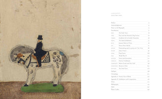 A two-page spread from a book. On the left is a naive-style painting of a figure in a black top hat and coat riding a spotted white horse on a patch of green. The right page displays the table of contents for Volume One of the book.