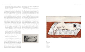 A two-page spread from an art book. The left page contains English text and a small black-and-white artwork. The right page displays a large color painting by Sanyu, titled Nude on Tapestry. The painting depicts a stylized nude figure lying on their stomach on a white, patterned cloth, with their head turned to look at the viewer.