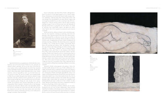 A two-page spread from a book, pages 72 and 73, about Henri-Pierre Roché. The left page shows a black-and-white portrait of Roché in a suit next to columns of text. The right page features two paintings by Sanyu and a column of text: a large horizontal reclining nude outlined in black, and below it, a smaller vertical still life of flowers in a vase.