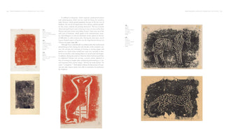 A two-page spread from an art book about printmaking, displaying text and five linocut prints by the artist Sanyu. The left page shows two prints of a vase of flowers, one in red and one in black, and a red print of a nude figure reclining in a chair. The right page shows two black linocuts, one of a zebra and one of a leopard.