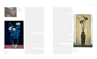 A two-page spread from a book about art during World War II, numbered pages 116 and 117. The pages contain columns of text and feature three paintings. On the left is Pan Yuliang's Massacre and Sanyu's Potted Peonies with Blue Leaves. On the right is Sanyu's Lotus in a Carbou Vase.