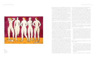 An open art book displays a two-page spread. The left page features a large color reproduction of Sanyu's painting, Five Nudes, showing five stylized nude women standing against a magenta background on a yellow floor. The right page and the area around the painting on the left contain columns of black text.