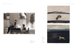A two-page spread from an art book. On the left page is a black-and-white photograph of a man sitting on a desk and a woman sitting in a chair in a sunlit room. On the right page are two color paintings; the top one is an abstract piece with a green form, and the bottom one shows a small yellow tiger in a dark, minimalist landscape.
