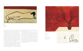 A two-page spread from an art book. On the left, a minimalist painting shows a nude figure with black outlines lying on her stomach on a cream-colored surface. On the right, a painting shows a dark vase with bare branches against a bold red background. Both pages contain blocks of text, and the right page includes two smaller inset images of an invitation and a line drawing.