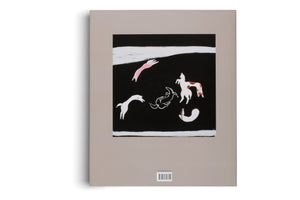 The back cover of a gray-beige book, shown at an angle on a white background. In the center is a primitive-style painting with a black background featuring stylized, floating figures of white horses, one with brown spots, and a pink arm. A barcode is visible at the bottom.