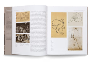 An overhead shot of a two-page spread in an open art book titled Académie de la Grande Chaumière. The left page has text and black-and-white photos of an art studio. The right page displays three modernist ink drawings of nude figures.