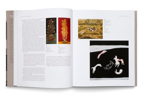 An overhead shot of an open art book. The two-page spread is from a chapter titled The Salon Exhibitions and features text alongside four reproductions of paintings, including two vertical floral works and two horizontal works depicting horses in different styles.