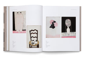 An open art book displaying a two-page spread of paintings by Henri-Pierre Roché. The left page shows two stylized nudes and a cat on a chair. The right page features two still lifes of flowers, one in a vase under a glass dome.