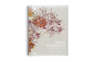 A photograph of a book with an off-white cover, standing upright against a white background. The left side features a detailed botanical illustration of fantastical flowers in shades of pink, red, and yellow. On the right, the title reads MIRON SCHMÜCKLE FLESH FOR FANTASY in white text. The Städel Museum logo is in the top left corner.