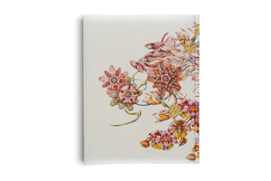 A vertical rectangular canvas with a textured, off-white surface, set against a plain white background. The right side of the canvas features a dense and intricate illustration of fantastical, brightly colored flowers in shades of pink, red, orange, and yellow that cascade down the edge.