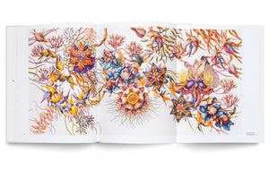 An open art book on a white surface, displaying a colorful, three-page illustration of fantastical flora. The intricate, botanical-style artwork features a dense composition of surreal flowers and twisting vines in vibrant shades of orange, yellow, blue, and purple.