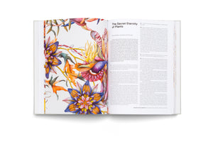 An overhead shot of an open book on a white background. The left page features a vibrant, surreal illustration of fantastical plants and flowers. The right page contains a text article with the title The Secret Eternity of Plants.