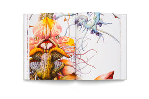 An open book, viewed from above against a white background, displaying a two-page spread of a colorful, surrealist illustration. The artwork features intricate, biomorphic forms resembling fantastical plants and creatures in vibrant shades of orange, yellow, pink, and blue, with complex textures and thin, winding tendrils.