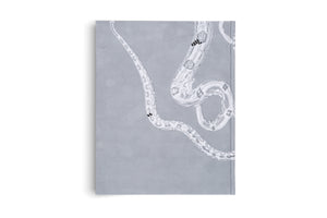 A light gray hardcover book, seen from the back, stands vertically against a white background. The cover features a detailed, monochromatic illustration of a large, patterned snake coiling and twisting. Two small, black, checkered flag-like graphics are superimposed on the snake's body.