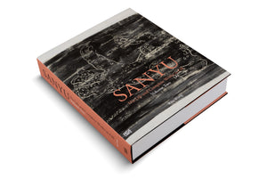 An angled, high-view shot of the thick hardcover art book SANYU: His Life and Complete Works in Oil, Volume Two by Rita Wong. The book rests on a white background. Its cover features a stylized white line drawing of two leopards against a heavily textured, black-painted backdrop. The title and spine are in a contrasting salmon pink.