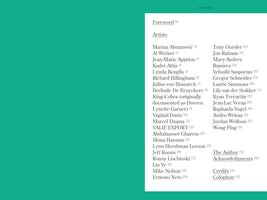 A close-up of a book's table of contents page, set against a solid teal background. The white page features a two-column list of artists' names, including Marina Abramović, Ai Weiwei, and Tony Oursler, each with a corresponding page number. Headings for Foreword, Acknowledgments, Credits, and Colophon are also visible.
